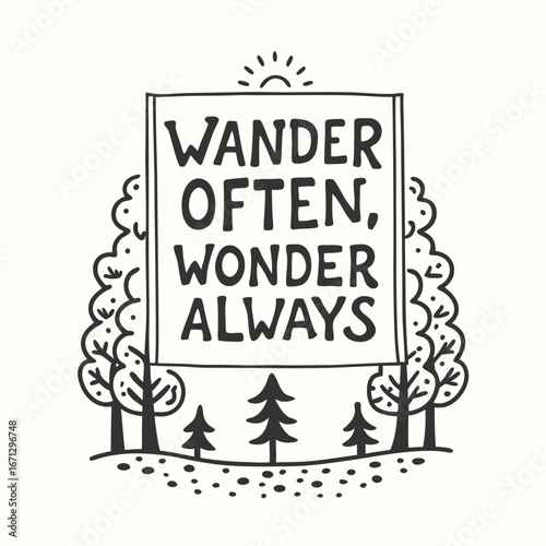 Motivational message to wander often and wonder always appears within a hand drawn wooded landscape