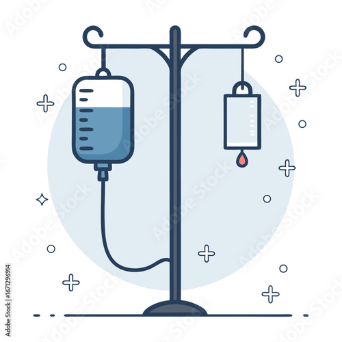 Flat lay illustration of an IV drip stand with medical equipment on a clean white background with a light blue circle and plus signs.