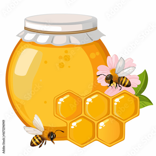 A jar of honey with bees and honeycomb on a white background