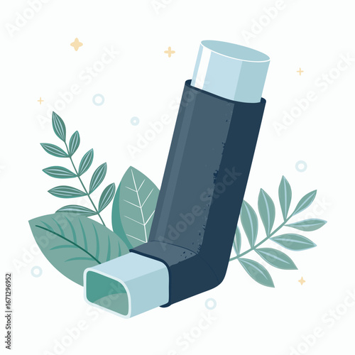 Illustration of an inhaler with green leaves on a white background