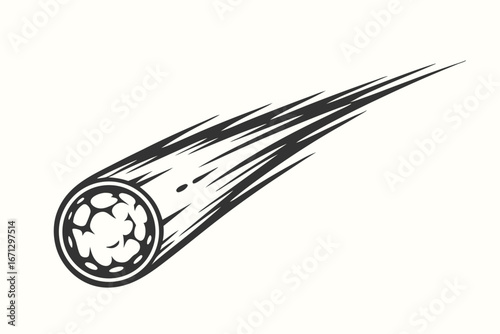 Isolated monochrome illustration depicts a dramatic comet swiftly streaking through a dark, endless cosmos