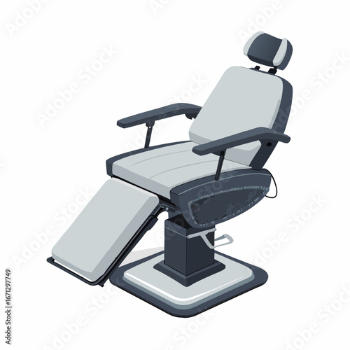 Isometric illustration of a reclining dental chair with footrest extended on a white background