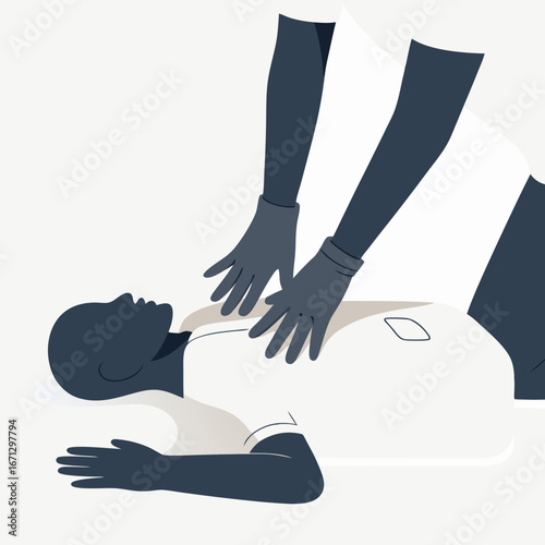 Illustration of a person performing CPR on an adult victim in a medical emergency situation with a minimalist style.