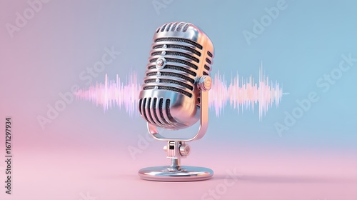 Professional microphone with animated waveform vector on pastel pink and blue background, modern broadcasting or podcasting concept, sleek vibrant Ultra Realistic composition