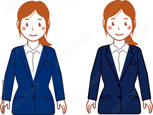 ネイビースーツ、ポニーテールの両手を下ろす若い女性