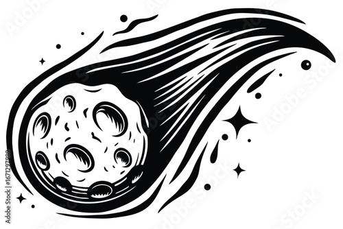 Monochrome comet streaks across open space, leaving speed lines trailing behind in its rapid passage