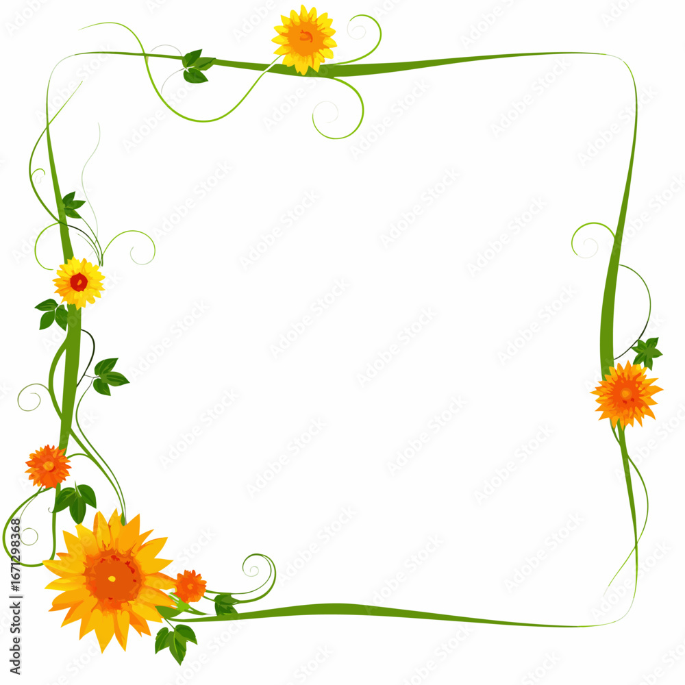 Obraz premium Vibrant floral border with sunflowers and green vines on white background