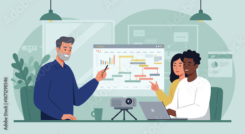 Manager presenting project plan to attentive colleagues.