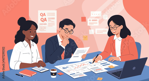 Business team collaborating on project analysis and strategy.