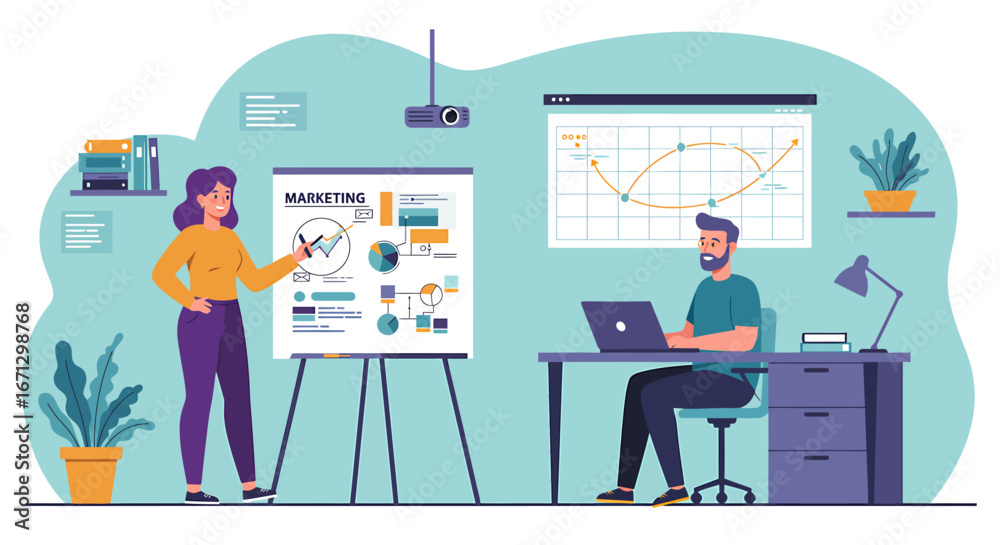 Fototapeta premium Marketing Presentation and Data Analysis in a Business Office Environment.