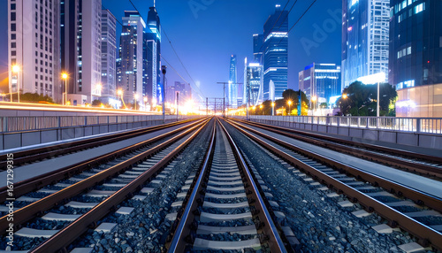 Train Tracks at Night in a Modern City