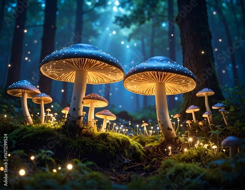 Magic mushrooms in a mystical forest