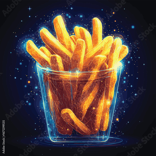 Vector illustration of French fries in a wireframe container with glowing yellow fries and blue digital particles on dark background for fast food concept