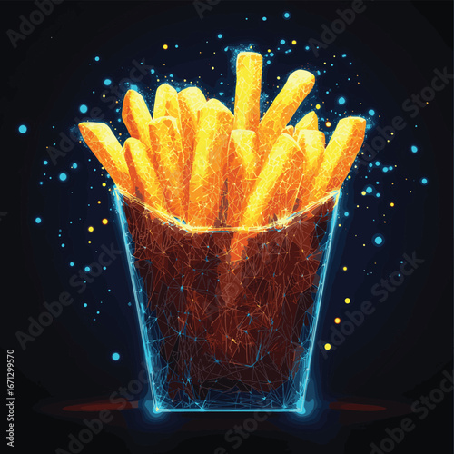 Vector illustration of French fries in a wireframe container with glowing yellow fries and blue digital particles on dark background for fast food concept