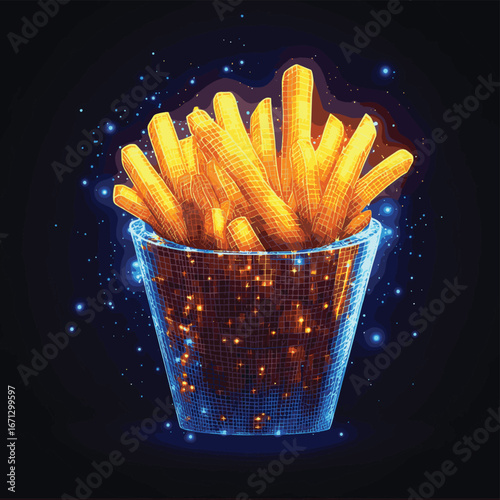 Vector illustration of French fries in a wireframe container with glowing yellow fries and blue digital particles on dark background for fast food concept