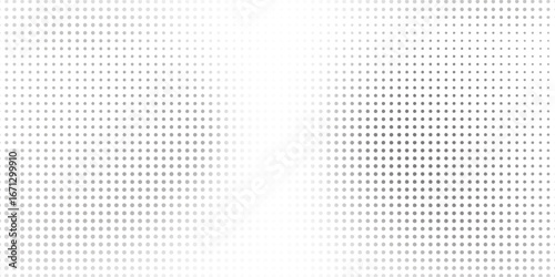 Dotted halftone gradient white texture. Vanishing polka dots background. Pop arts futuristic. Full dots for comics.