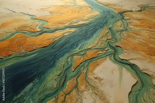 Aerial View of a River Delta in Arid Landscape