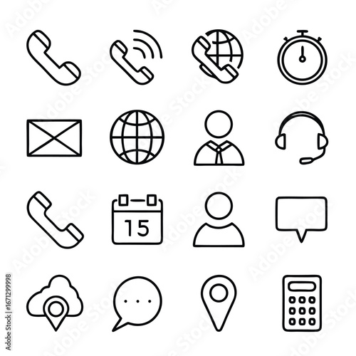 Black line icons represent diverse communication, meeting, and contact options clearly displayed