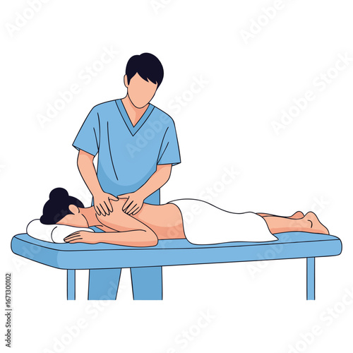 A man is giving a back massage to a woman lying on a massage table isolated on white background