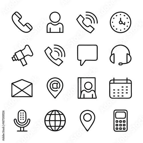 Contact and communication methods are depicted through outlined telephone, calendar, speech bubble, and location symbols
