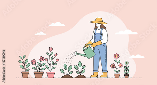 Gardener waters plants