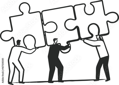 Three silhouetted figures collaborating to push interlocking puzzle pieces together representing teamwork and problem solving