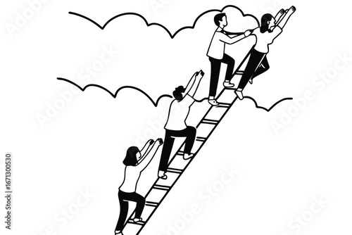 Team of five people climbing a success ladder together symbolizing achievement and collaboration for a company banner or advertisement