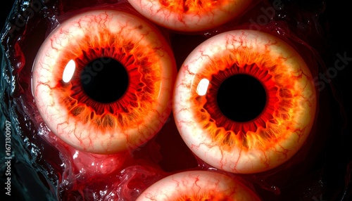 Close-up of several bloodshot eyes submerged in a viscous, red liquid
