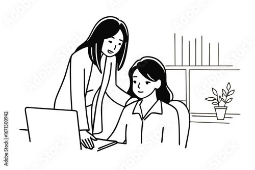 Business mentor guiding junior employee professional development and collaboration