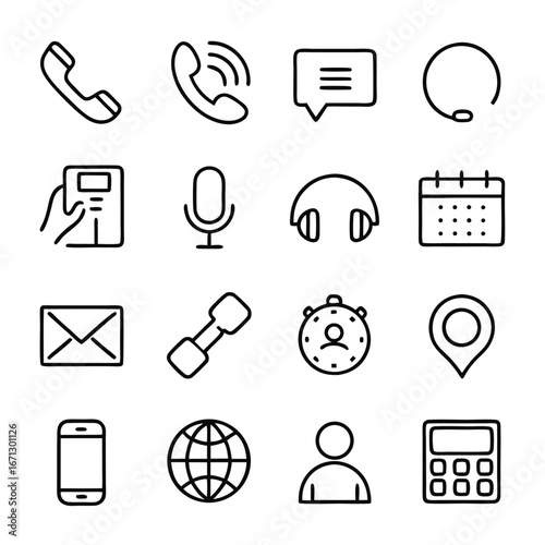Linear communication icons showcase diverse connection methods, including phone, email, and calendar tools