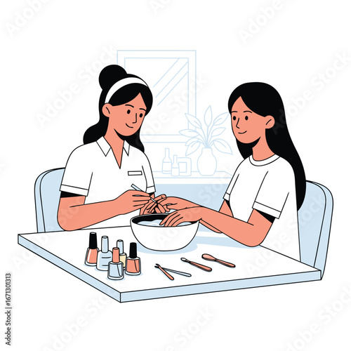 Illustration of a woman getting a manicure in a beauty salon isolated on white background