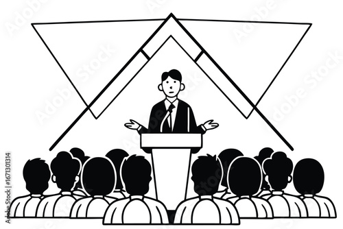 Corporate leader addressing team from podium presentation banner advertisement design featuring professional business environment and collaboration