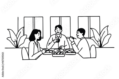Modern corporate office employees enjoying a relaxing lunch break together in a bright and airy cafeteria setting