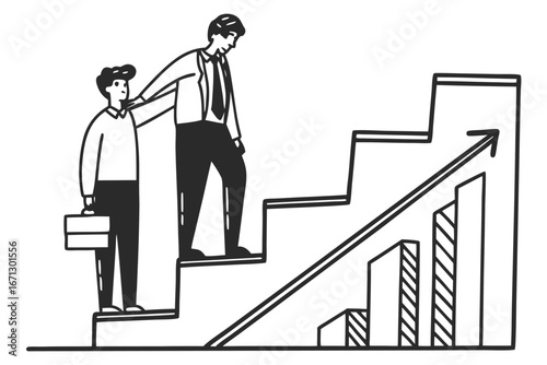 Mentor guiding junior employee in flat design style for professional development and teamwork