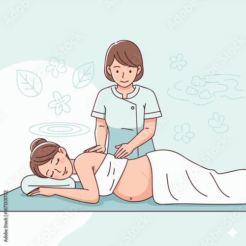 Pregnant woman receiving prenatal massage therapy for relaxation and health isolated on white background