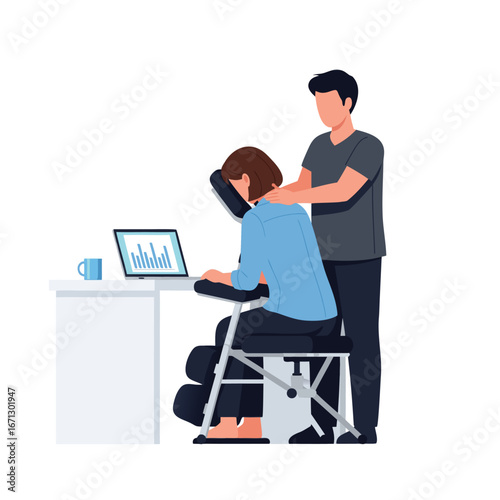 Masseur giving a seated massage to a woman at her desk, providing relaxation and stress relief isolated on white background
