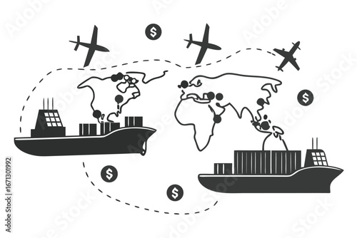 Global trade transportation concept banner featuring cargo ships and airplanes for international commerce and logistics