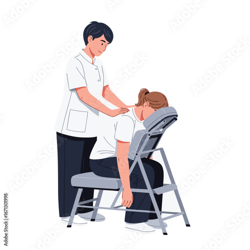 Masseur giving a seated massage to a woman, providing relaxation and stress relief isolated on white background