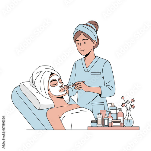 Woman receiving a facial treatment at a spa isolated on white background for beauty and wellness