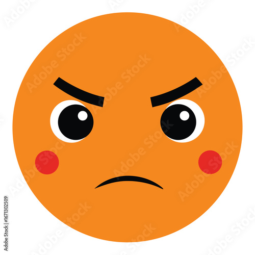 Angry Orange Emoji with Black Eyebrows, Eyes, Frown, and Red Cheeks Illustration