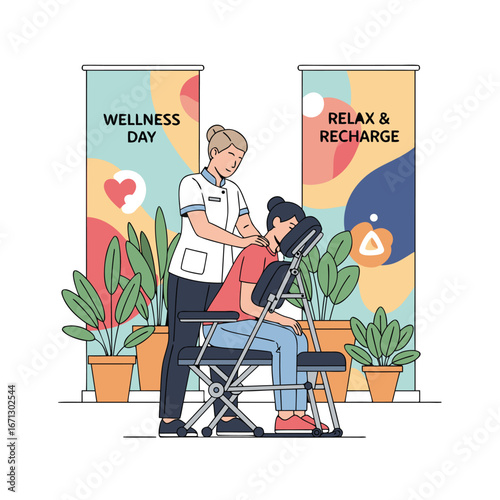 Woman receiving massage therapy on chair at spa salon for relaxation and wellness day