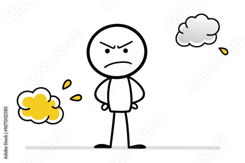 Angry Stick Figure with Bad Smells and Clouds on a White Background
