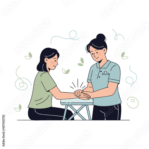 Office worker receiving a shoulder massage from a therapist to relieve stress isolated on white background