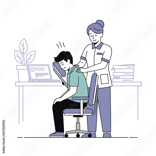 Illustration of a man receiving a back massage from a therapist on a massage table isolated on white background