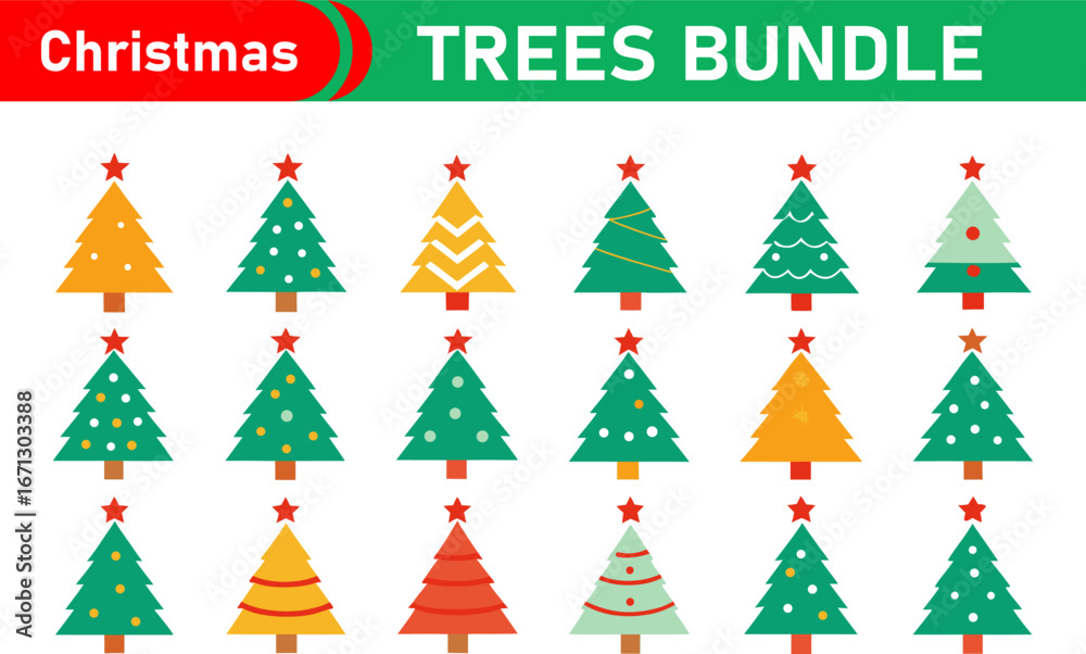 Naklejka premium Eighteen Colorful Christmas Trees Bundle Flat Design