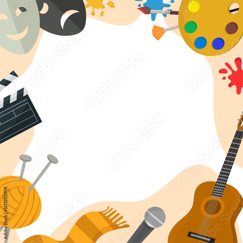 Hobby or Art school activity background with painting theatre music knitting elements