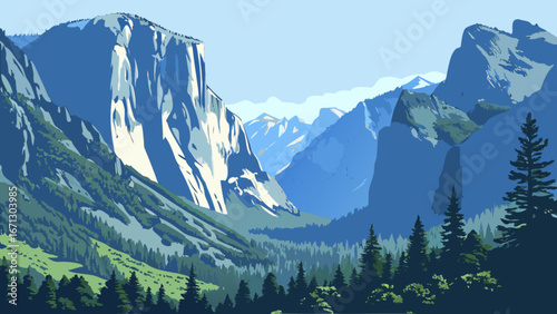 Scenic mountain landscape illustration with trees and sky for travel and nature enthusiasts design art