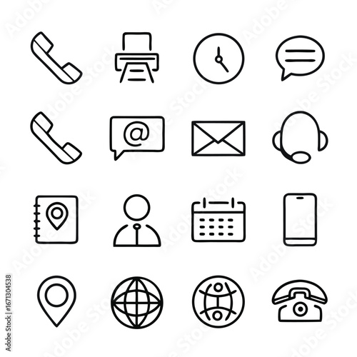 Contact icons displayed in a grid include a phone, calendar, email and globe