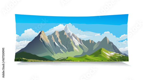 Mountain landscape scenic view illustration of mountain range with blue sky and white clouds drawing art