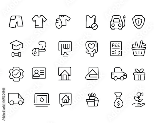 Set of outline icons related to common monthly expenses. Linear icon collection